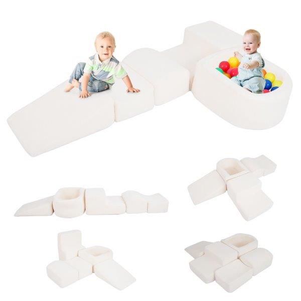 Minkštos didelės kaladėlės su kamuoliukų baseinu ir šerpų vilnos užvalkalais (Balta)